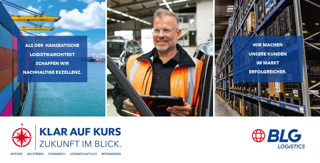 Collage mit Hafen, Mitarbeiter in Weste und Lagerräume (Foto)
