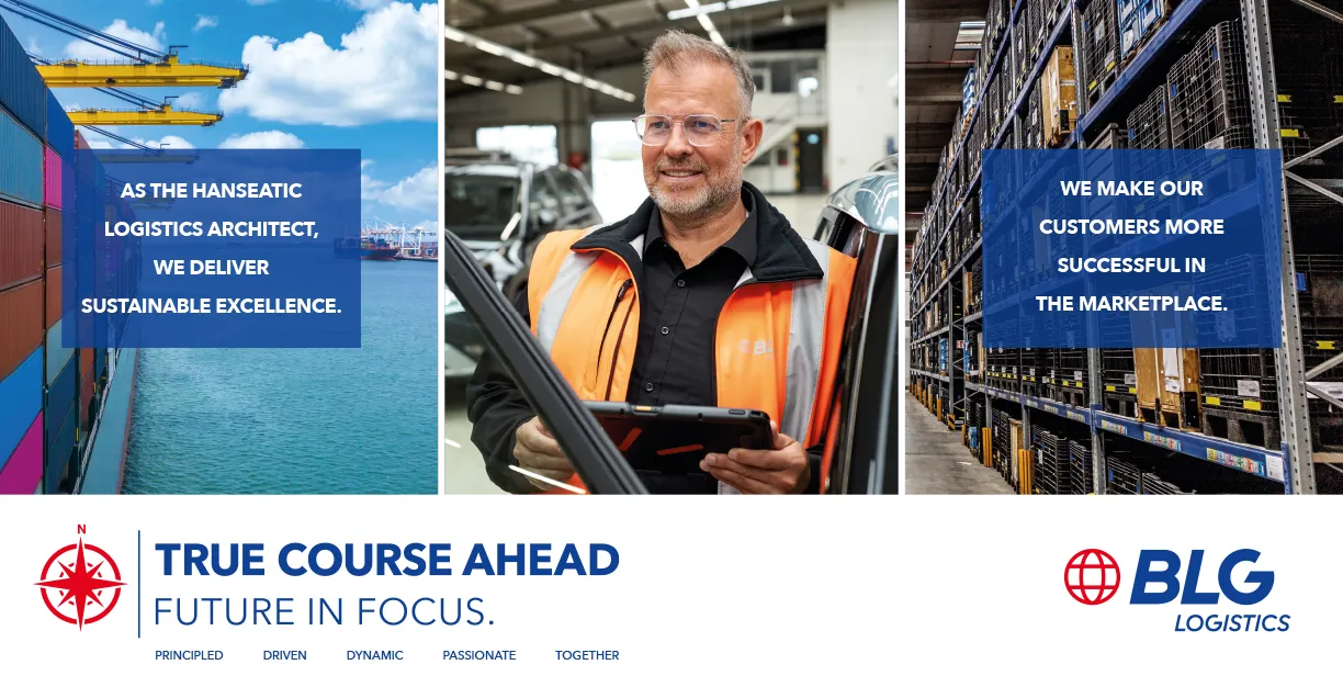 Collage with harbor, employee in vest, and warehouse spaces (Photo)