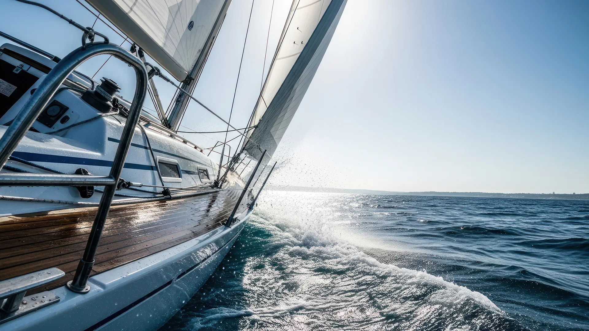 Bow of a boat on the water under a clear sky, landscape format (Photo)