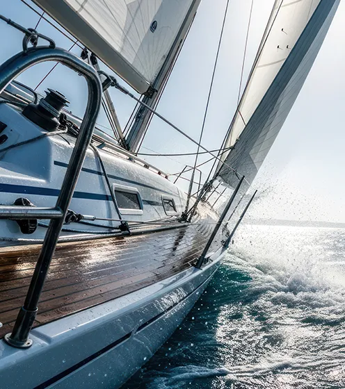 Bow of a boat on the water under a clear sky, portrait format (Photo)