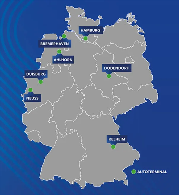 Illustrated map of Germany with marked locations: Hamburg, Dodendorf, Ahlhorn, Bremerhaven, Duisburg, Neuss, Kelheim (Photo)